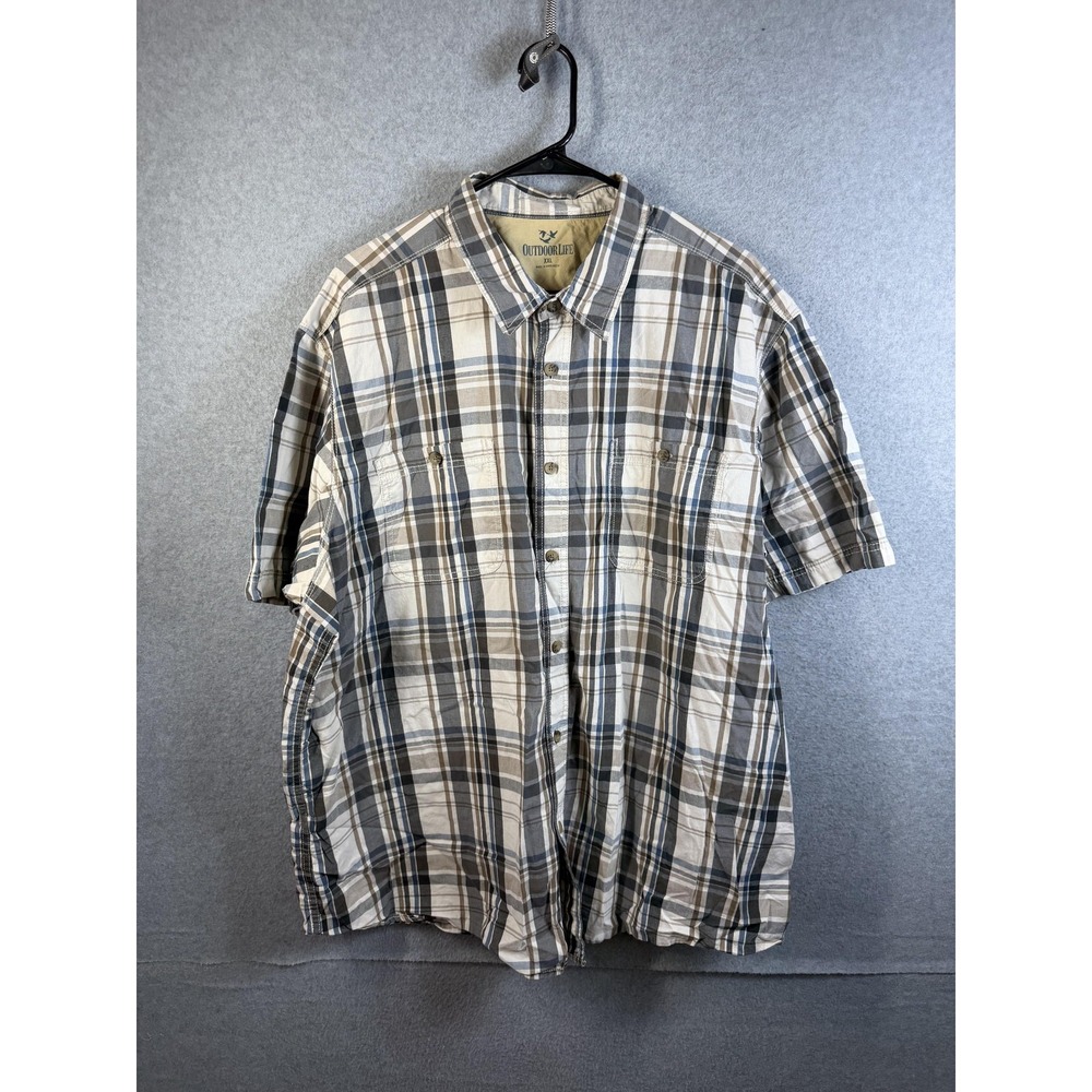 Outdoor Life Shirt Mens 2XL Beige Gray Blue Plaid Short Sleeve Button Up Casual